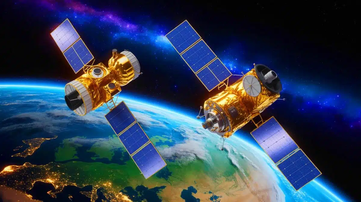 Illustration of a Chinese Jilin-1 satellite capturing images of a U.S. WorldView Legion satellite in orbit.