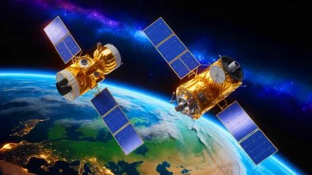 Illustration of a Chinese Jilin-1 satellite capturing images of a U.S. WorldView Legion satellite in orbit.