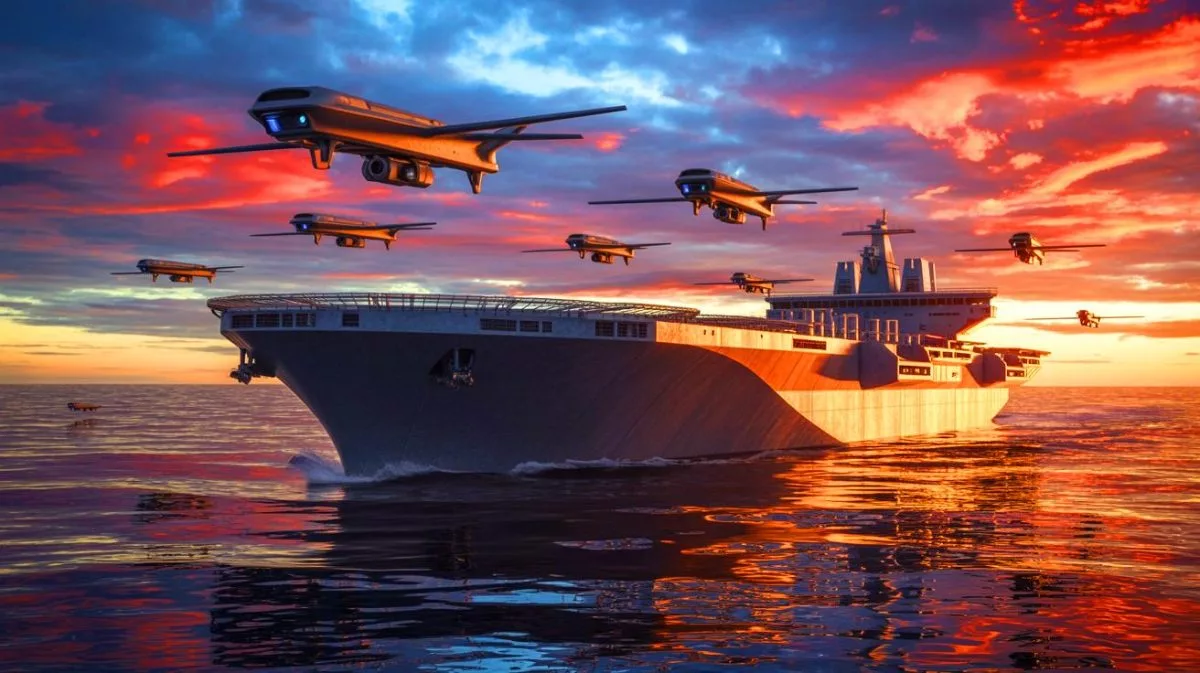 Illustration von Chinas größtem Drohnenträgerschiff und seiner strategischen Bedeutung.