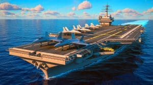 Illustration of China's Fujian aircraft carrier conducting electromagnetic catapult tests.