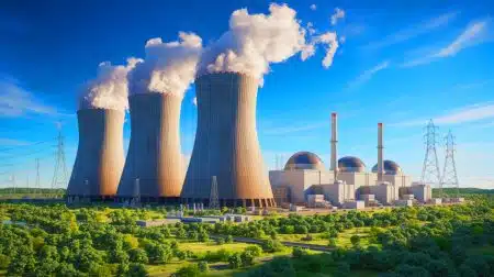 Illustration of China's initiative to convert retiring coal-fired power plants into advanced nuclear reactors.