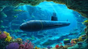 Illustration of a Chinese submarine navigating underwater terrain.