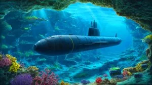 Illustration of a Chinese submarine navigating underwater terrain.
