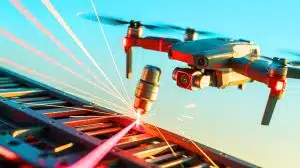 Illustration of a drone system reflecting high-powered laser beams for precision metal cutting.
