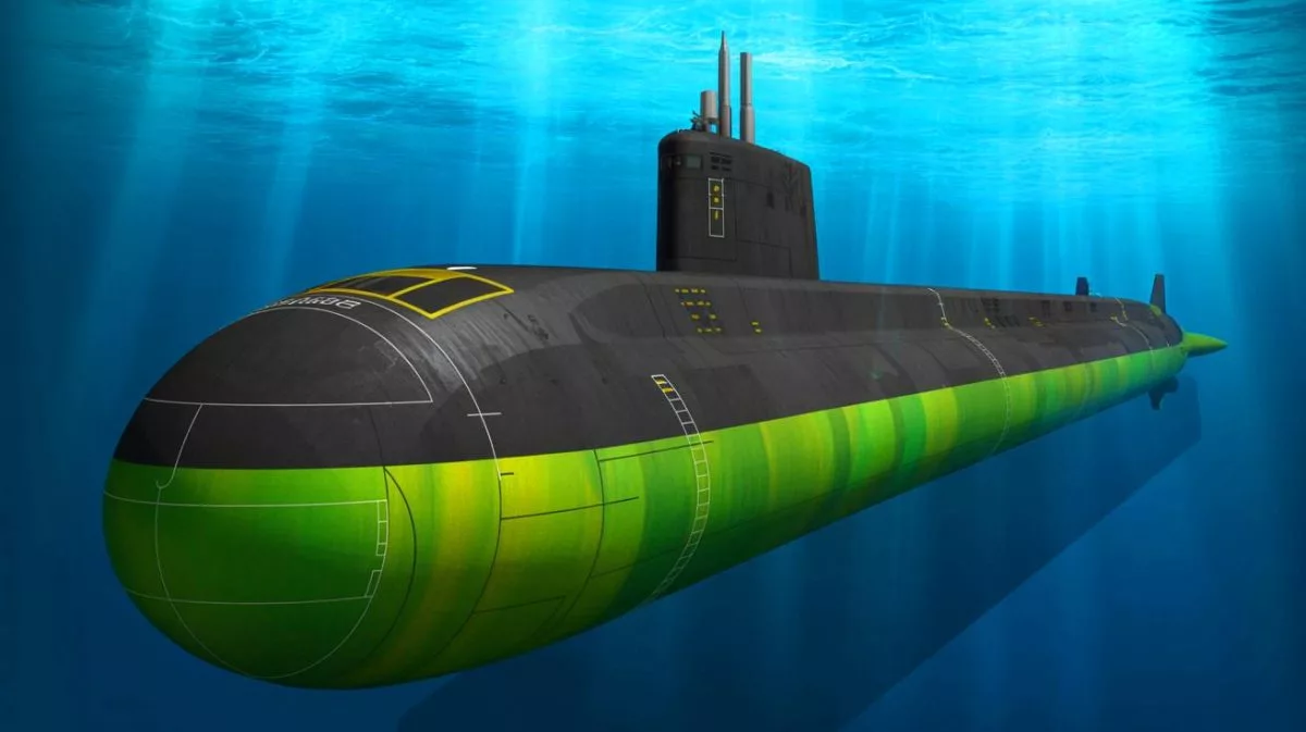Illustration of the Virginia Block V attack submarine with enhanced strike capabilities and advanced technology.