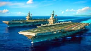 Illustration of Chinese aircraft carriers near the U.S.-controlled territory of Guam.