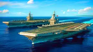 Illustration of Chinese aircraft carriers near the U.S.-controlled territory of Guam.