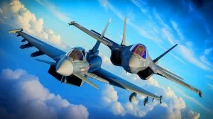 Illustration of the decision-making process between the Eurofighter Typhoon and F-35 fighter jets for the UK's defense strategy.