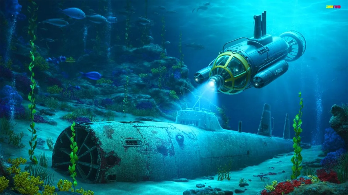 Illustration de l'exploration sous-marine du sous-marin USS F-1 au large de San Diego.
