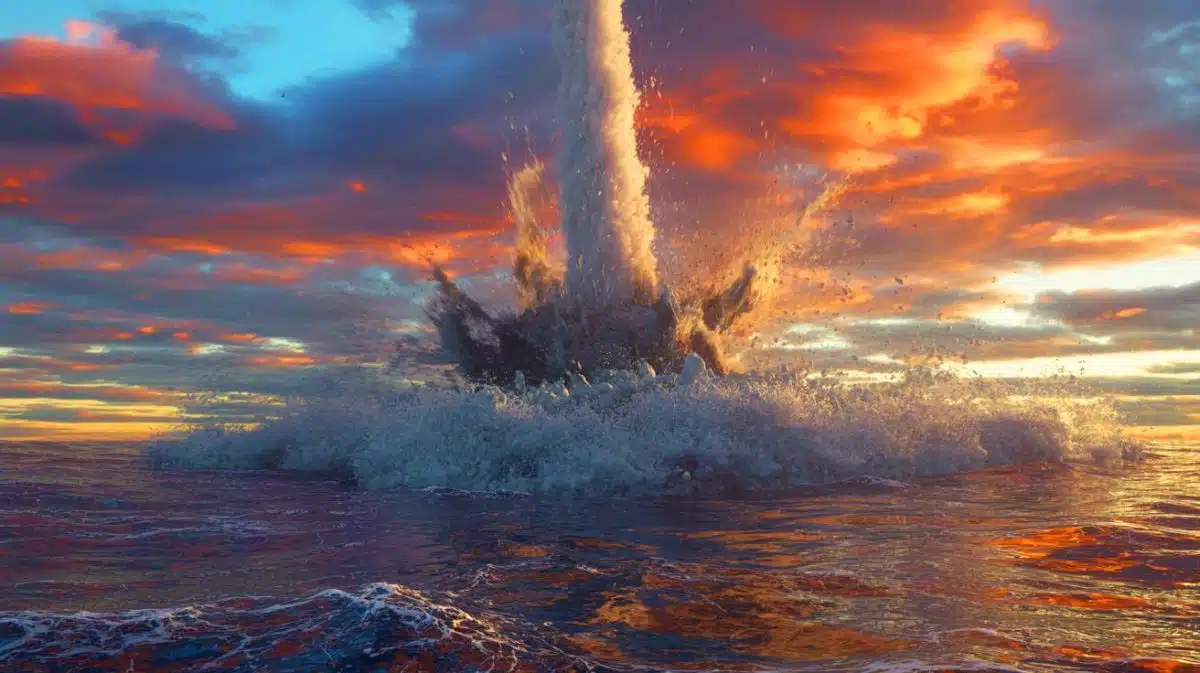 Illustration de l'impact d'un astéroïde ayant formé le cratère de Silverpit sous la mer du Nord.