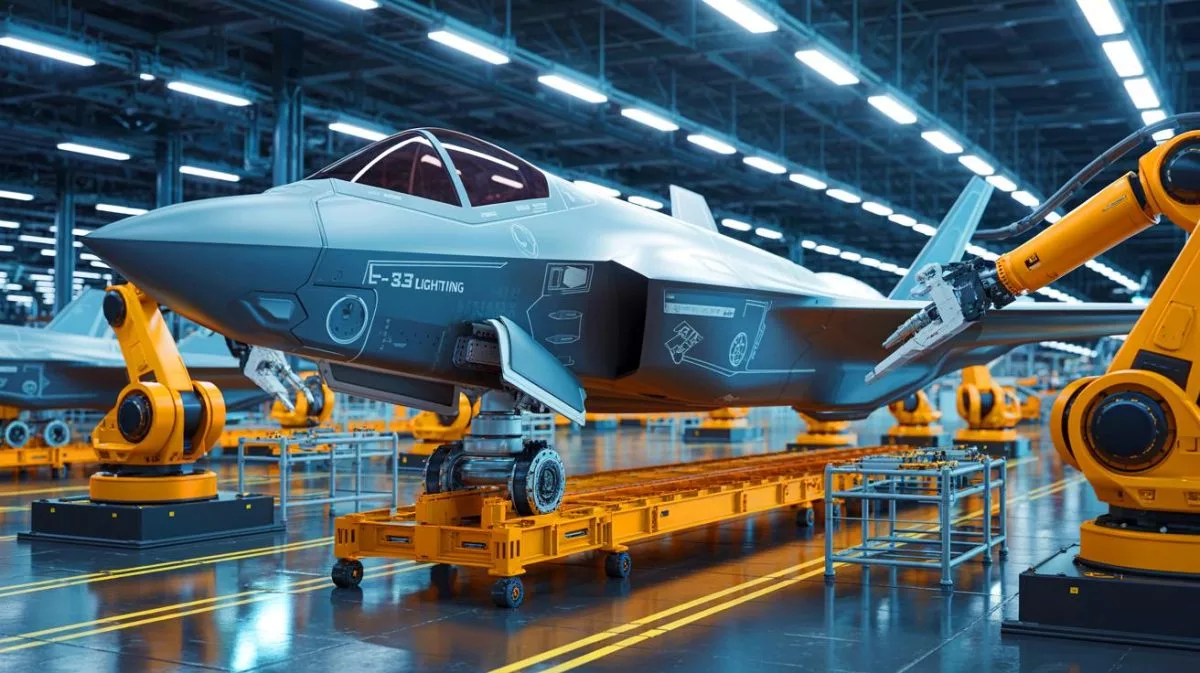 Illustration von der automatisierten Produktion der F-35 Lightning II-Mittelfuselage durch Northrop Grumman.