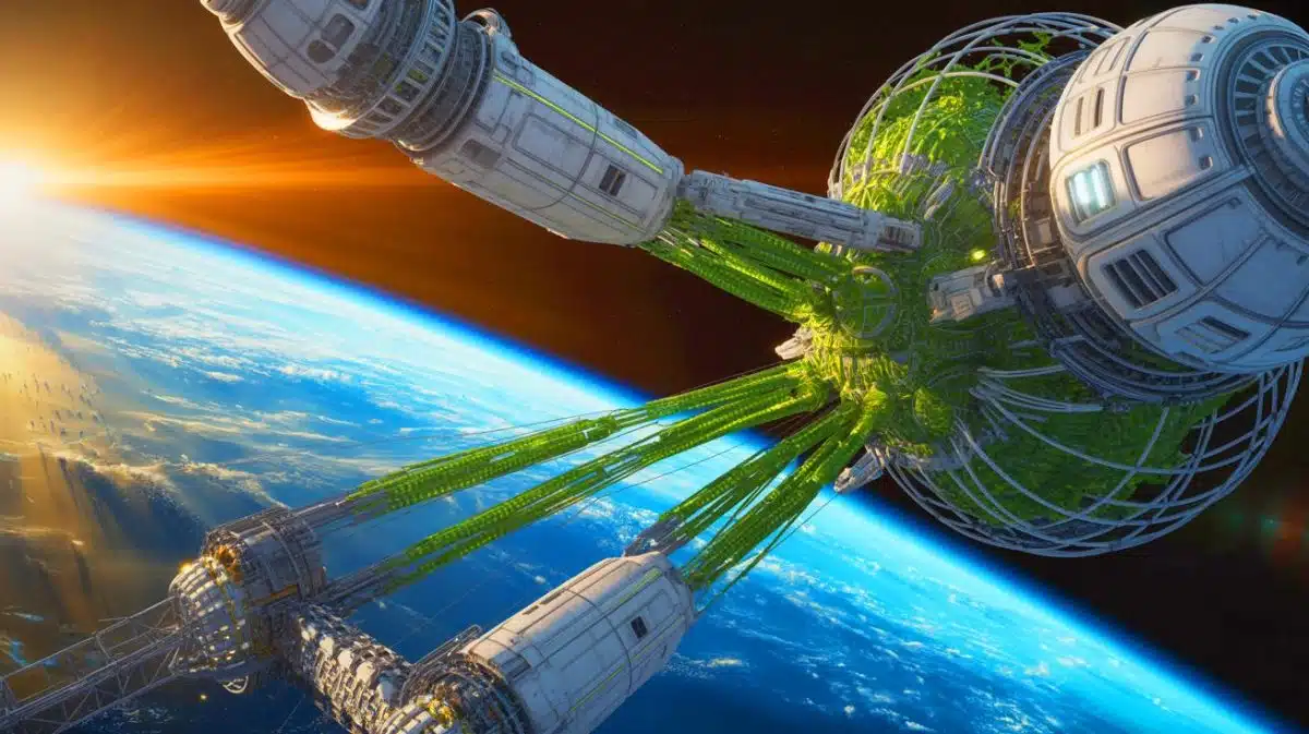 „Wir züchten lebende Raumstationen im All“: Pentagon erschafft 500-Meter-Biostrukturen die sich selbst bauen während Astronauten schockiert zusehen Illustration von bio-mechanischen Strukturen im Weltraum.