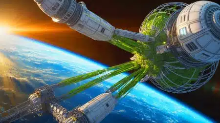 „Wir züchten lebende Raumstationen im All“: Pentagon erschafft 500-Meter-Biostrukturen die sich selbst bauen während Astronauten schockiert zusehen Illustration von bio-mechanischen Strukturen im Weltraum.