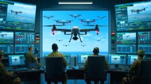 Illustration von Schwärmen autonomer Drohnen im militärischen Einsatz.