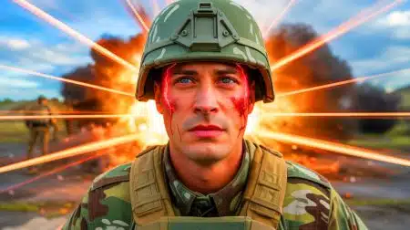 Illustration of military personnel exposed to repeated shock waves impacting brain functionality.