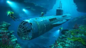Illustration von der Erkundung des USS F-1 Wracks vor der Küste Kaliforniens mithilfe moderner Unterwassertechnologie.