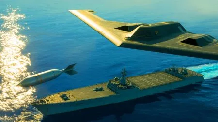 Illustration von einem US-B-2-Bomber beim Abwurf einer Quicksink-Bombe zur Zerstörung von Schiffszielen.