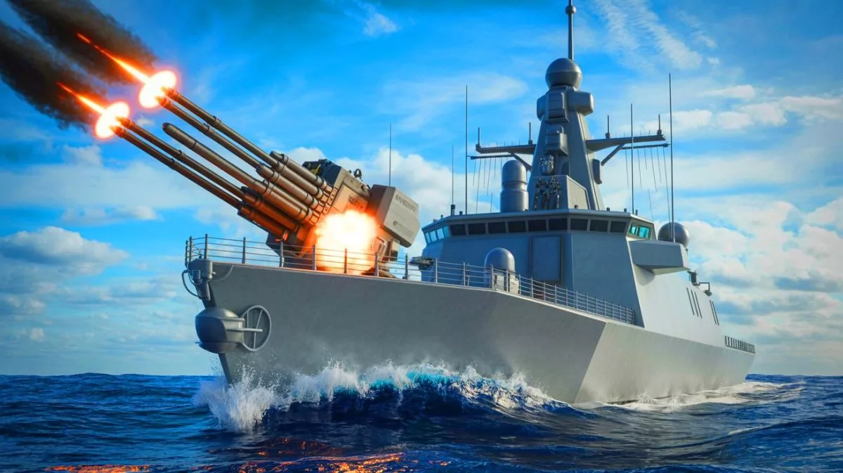 Illustration von der fortschrittlichen Phalanx-Nahbereichsverteidigungstechnologie der US Navy.