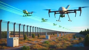 Illustration of the European Union's drone wall initiative for Eastern border security.