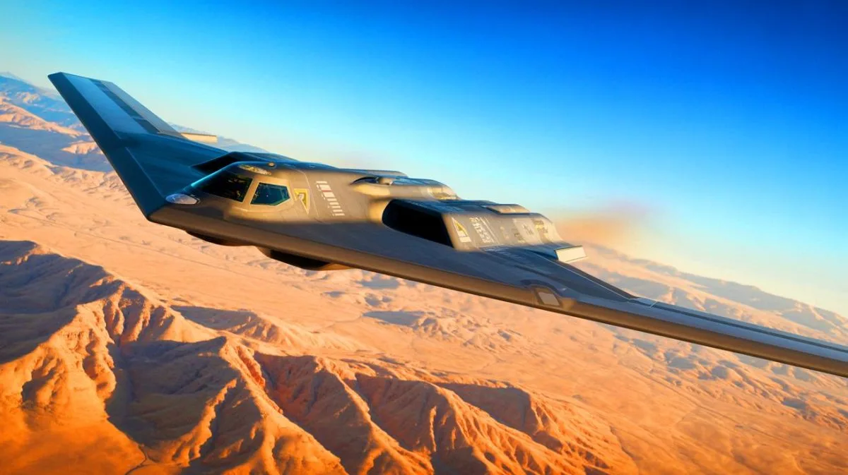 Illustration of the Northrop Grumman B-21 Raider in flight testing as a future cornerstone of U.S. strategic defense.