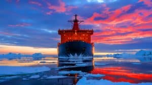 Illustration of the geopolitical race for Arctic dominance, showcasing icebreakers navigating through melting ice caps.