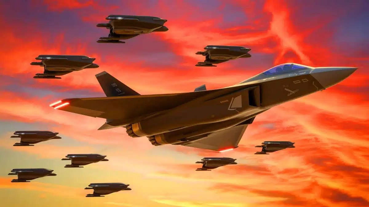 Illustration of sixth-generation fighter jets demonstrating advanced stealth and AI capabilities in a coordinated drone operation.