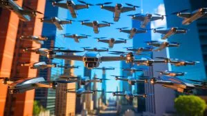 Illustration of a drone swarm utilizing T-STAR technology to fly at high speeds while avoiding collisions.