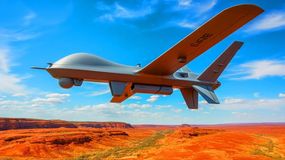 Illustration von der MQ-28 Ghost Bat-Drohne der australischen Luftwaffe bei einem Testflug.