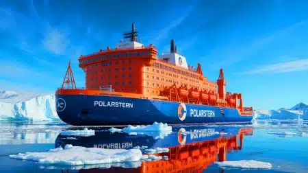 Illustration of Germany's Polarstern Icebreaker with Hybrid Propulsion System in Icy Waters.
