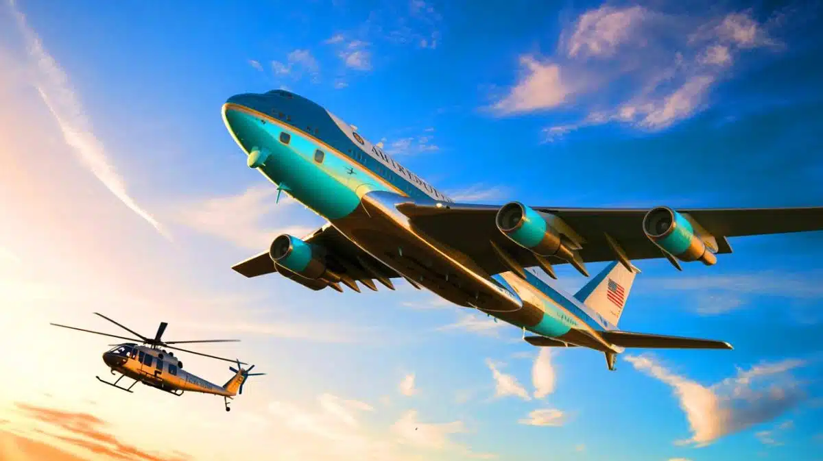 Illustration of Air Force One and Marine One during a presidential trip with safety challenges.
