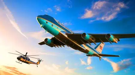 Illustration of Air Force One and Marine One during a presidential trip with safety challenges.