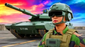 Illustration of a Chinese soldier wearing an augmented reality headset standing in front of a ZTZ-201 tank.