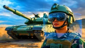 Illustration de la technologie AR sur un soldat chinois devant un char ZTZ-201.