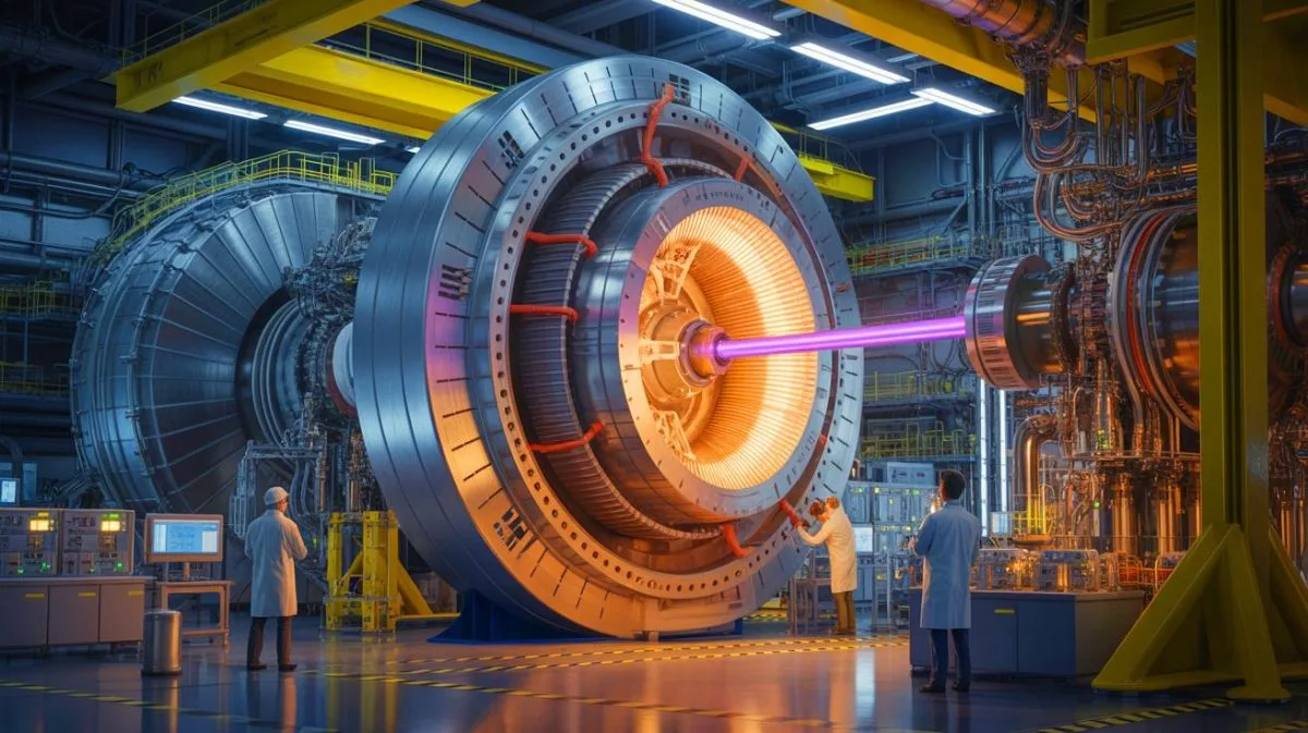 Illustration de l'achèvement du Solénoïde Central d'ITER, un aimant supraconducteur essentiel pour la fusion nucléaire.