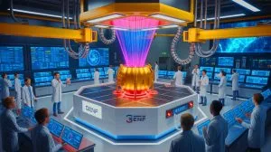 Illustration of the GenF nuclear fusion reactor utilizing inertial confinement laser technology.