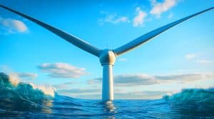Illustration of the OceanX dual-headed offshore wind turbine operating off the coast of Guangdong, China.