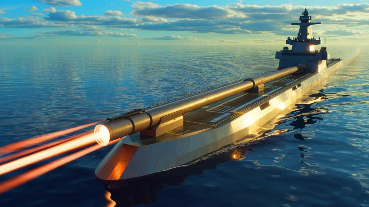 Illustration von Japans fortschrittlicher Railgun-Technologie auf einem Schiff im Testeinsatz.