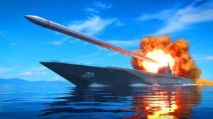 Illustration of Japan's ship-mounted hypersonic railgun aboard the JS Asuka.
