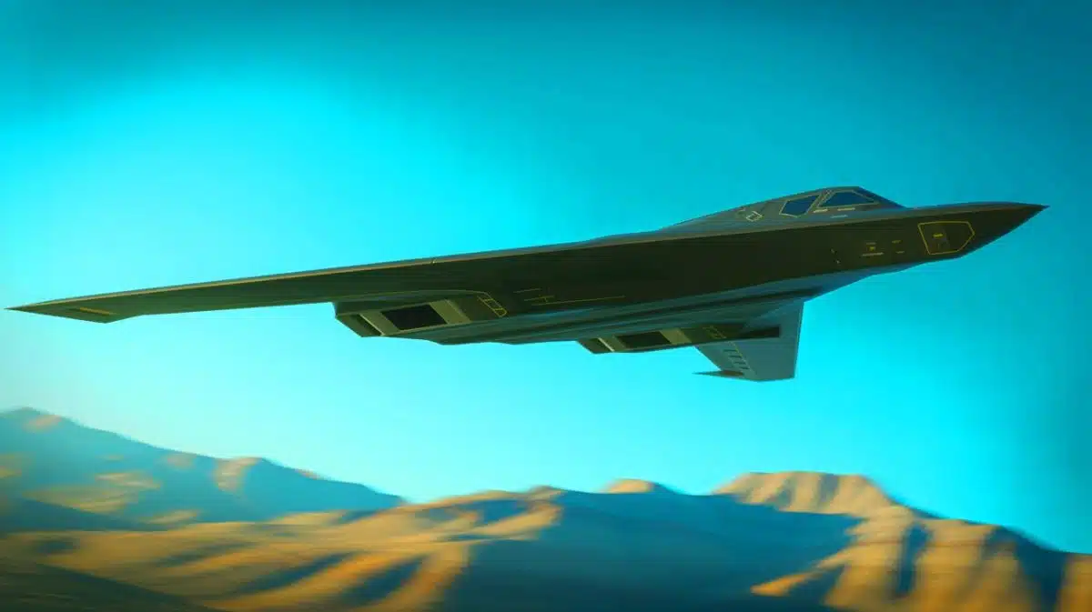 Illustration de l'envol du B-21 Raider, le nouveau bombardier furtif de l'US Air Force.