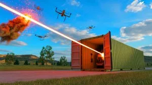 Illustration de la technologie laser Apollo d'EOS capable de neutraliser 50 drones par minute.