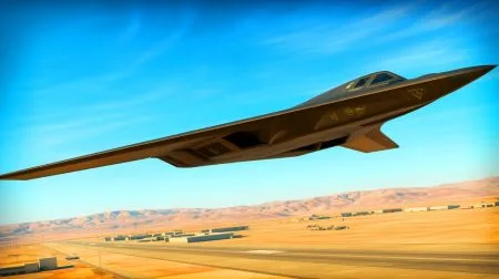Illustration de l'atterrissage du deuxième B-21 Raider à la base aérienne d'Edwards.