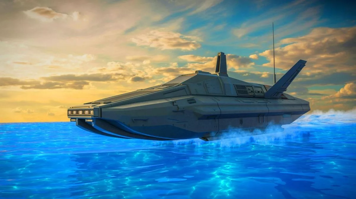 Illustration de la présentation du navire autonome Sea Dagger par Leidos pour les forces spéciales britanniques.