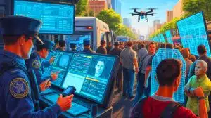 Illustration de l'utilisation des technologies de surveillance par ICE dans les opérations d'immigration.