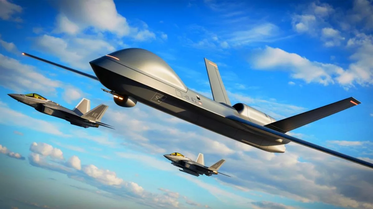 Illustration de l'avion drone autonome YFQ-42A en phase de test par l'US Air Force.