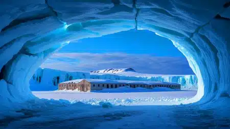 Illustration of Camp Century buried under the Greenland ice sheet.