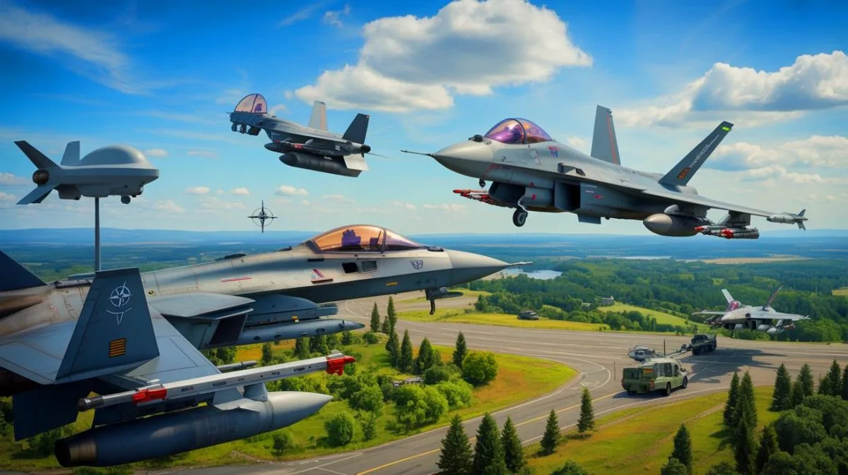 Illustration of NATO's Eastern Sentry initiative deployment in response to Russian drone incursions.
