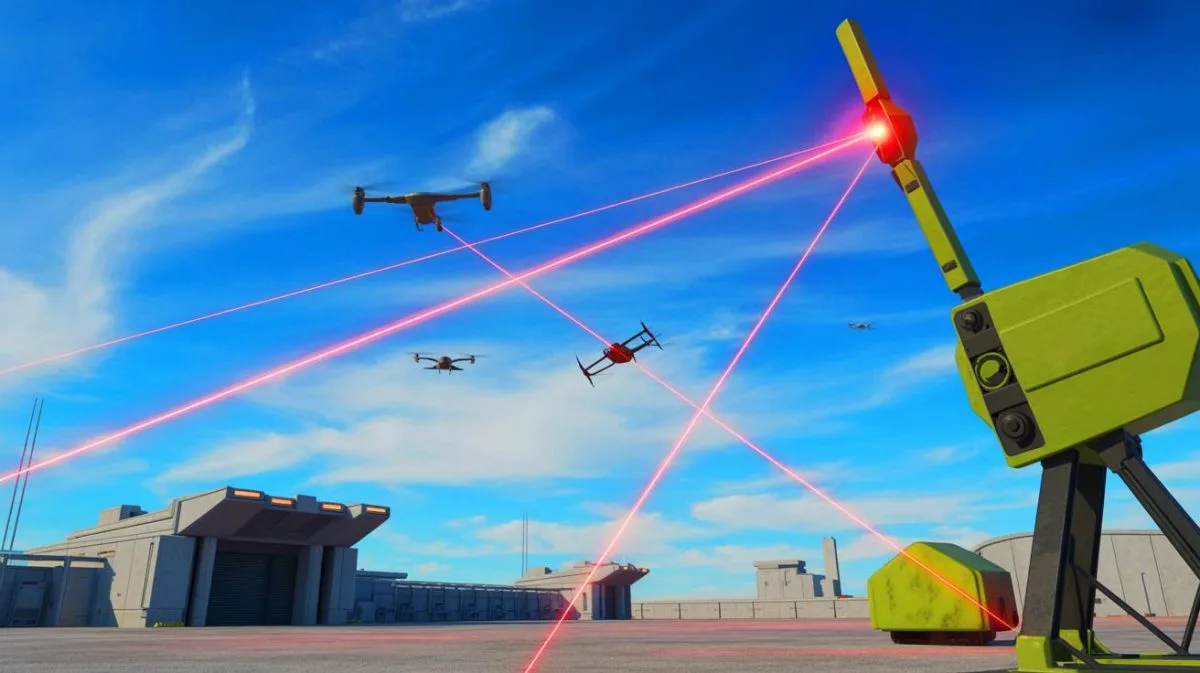 Illustration von einem hochenergetischen Lasersystem zur Luftverteidigung.