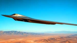 Illustration of the Northrop Grumman B-21 Raider at Edwards Air Force Base during its testing phase.
