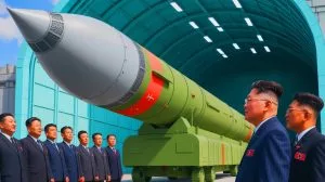 Illustration of Kim Jong Un unveiling the Hwasong-20 missile ahead of talks with Xi Jinping and Vladimir Putin.