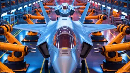Illustration of Northrop Grumman's advanced automation in producing F-35 Lightning II fuselages.